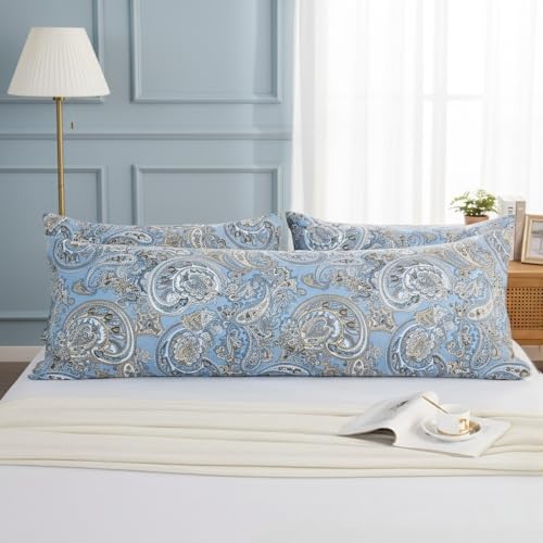 "Cozaline Body Pillowcases 100% Cotton Pillow Case, Blue Paisley Print, Soft Breathable Envelope Closure Pillow Cover(Body, 20""x54"")"