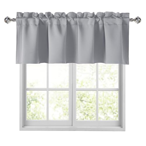 "JIUZHEN Silver Grey Valances for Windows Rod Pocket Room Darkening Small Window Curtains for Kitchen/Bathroom, 42"" W x 18"" L, 1 Panel"