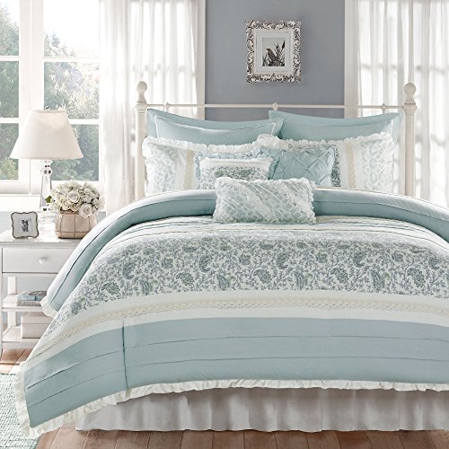 "Madison Park Dawn 100% Cotton Duvet Set Floral Shabby Chic Design All Season Comforter Cover Bedding, Matching Shams, Percale Light Weight Bed Comforter Covers, King(104""x92""), Blue 9 Piece, Aqua"