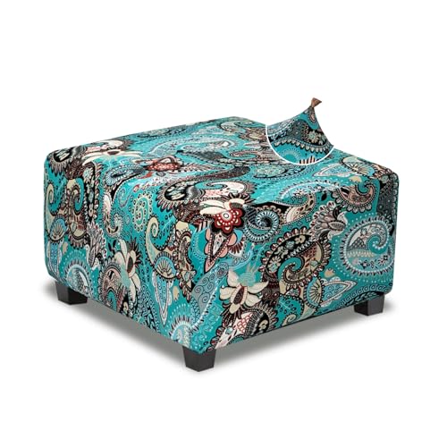 TOPHMDECOR Large Ottoman Cover Square Slipcovers Printed,Stretch Footrest Stool Cover for Ottoman Square,Soft Foot Stool Cover Protector with Nonslip Elastic Bottom (Large,Peacock Blue)