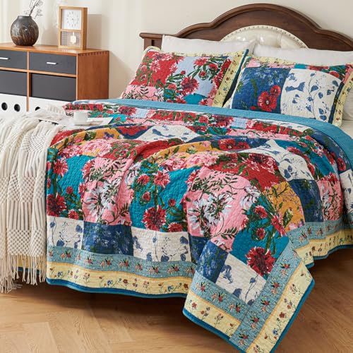 "EVENHUG 100% Cotton Patchwork Quilt Queen Size Set Lightweight Floral Queen Quilts Bedding Set Bedspread Coverlet Reversible Bed Cover with Pillow Shams for All Seasons 3 Pieces (92""X96"")"