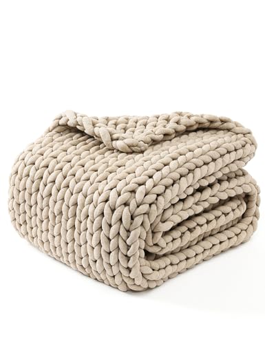 YNM Original Hand Knitted Throw Blanket - Soft, Breathable and Portable Medium-Weight Chunky Knit Throw for Couch, Sofa, Bed and More - Stylish Home Décor Piece (Beige, 100x130 cm)