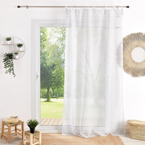 Homemaison QABANE Sheer Curtain with Macrame Ribbons - Lightweight Polyester - Double Hook Airy Fabric - 7 Ties and 7 Hidden Tabs - Elegant Siding - 140 x 240 cm - White