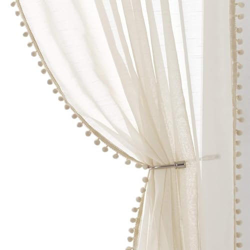 "Treatmentex Pom Pom Linen Sheer Curtains for Living Room 63 inches Length Slub Textured Natural Farmhouse Window Sheers Drapes 52"" w x 2 Pack, Rod Pocket"