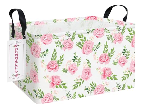 QUEENLALA Rectangular Laundry Hamper/Foldable Nursery Laundry Basket for Organizing/Storage Bin Baskets/Children Toy Office Bedroom/Toy Bin Closet Shelf Baskets (Rec-Pink roses)