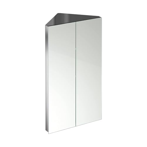 iBathUK Storvue Wall Mounted Corner Bathroom Mirror Cabinet Double Door, Frameless Triangular Silver Mirror, Magnetic Catch, Modern Bathroom Storage, Polished Stainless Steel, 450x780mm