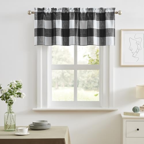 Melodieux Black and White Buffalo Check Plaid Valances for Kitchen Bedroom Small Windows, Farmhouse Checkered Blackout Rod Pocket Valance Curtains for Living Room, 50 x 18 Inch, 1 Panel