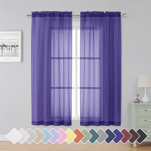 "Simplebrand Purple Sheer Curtains 63 Inch Length 2 Panels, Rod Pocket Solid Color Window Sheer Curtain Panels, Elegant Curtains & Drapes for Living Room, Bedroom (Purple, 42"" W x 63"" L)"