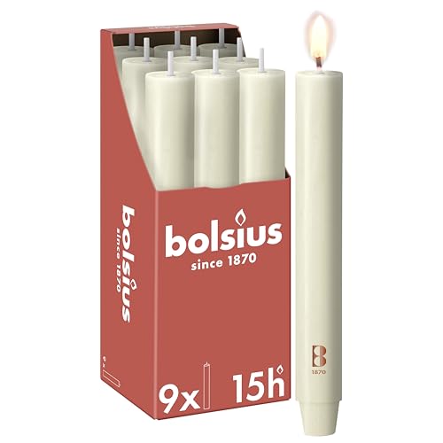Bolsius - Tapered Candle XL Rustic - 9.1″ × 1.2″ - Ivory - in Box of 9 - Length Burn Time 15 Hours - Unscented - Contains Natural Plant Wax - Without Palm Oil