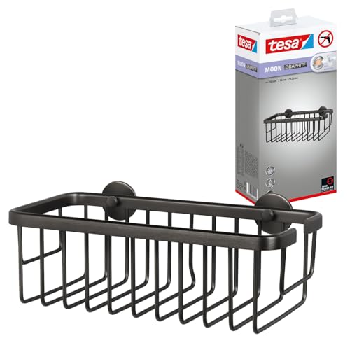tesa MOON GRAPHITE Shower Shelf - Deep Shower Basket - 250 x 92 x 125 mm - Extra-deep single-tier wall storage for showers - Brushed graphite PVD-coated metal - No drilling - Includes adhesive