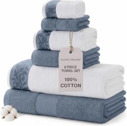 Modern Threads Amrapur Overseas 600 GSM 6-Piece Towel Set with Filgree Jacquard Border Blue