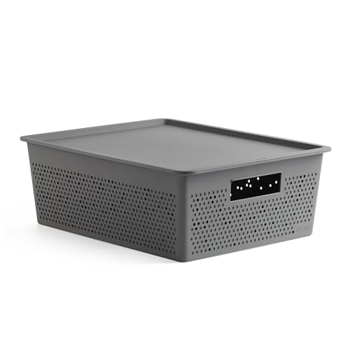 TATAY Plastic Storage Basket 12L Bohol - Organiser Box with Lid - Optimal Ventilation - Stackable Modular System - Integrated Handles - BPA-Free Recycled Plastic - 30x39x13.5 cm, Grey