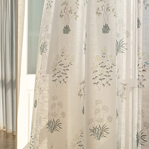 SUOUO Grey Blue Floral Semi Sheer Curtains Linen Textured for Bedroom Living Room 96 inches Long 2 Panels Rod Pocket Patterned Boho Botanical Light Filtering Window Drapes