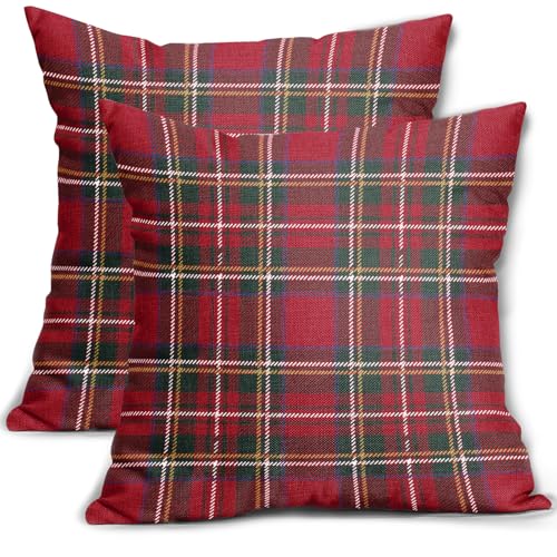 Christmas Plaid Pillow Covers 18x18 Inch Set of 2 Red Green Buffalo Checkered Xmas Decorative Throw Pillowcases Winter Outdoor Seasonal Farmhouse Holiday Cushion Cases Decor for Sofa Couch Bed