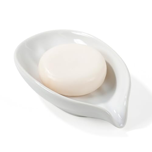 Soap Holder, Self-Draining White Soap Dish, Leaf Shape Ceramic Bar Soap Holder Drain Soap Dishes for Bathroom Sink Kitchen, Easy to Clean Keeps Soap Dry, ANTIS'S HOME