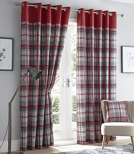 "Portfolio Orleans Check Striped Fully Lined Eyelet Ring Top Curtains - Red Grey 46"" Wide x 54"" Drop"