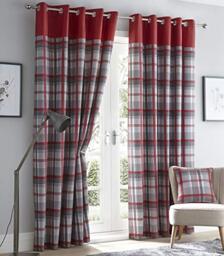 "Portfolio Orleans Check Striped Fully Lined Eyelet Ring Top Curtains - Red Grey 46"" Wide x 54"" Drop"
