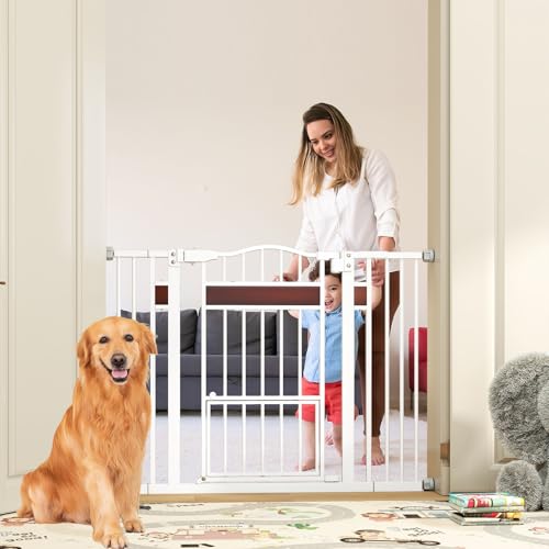 GYMAX Baby Safety Gate, 74-104 cm Adjustable Width Stair Gates with Small Door, Dual Locks and Pressure Mount System, Metal Extra Wide Walk Through Pet Gate for Kids & Pets (White)