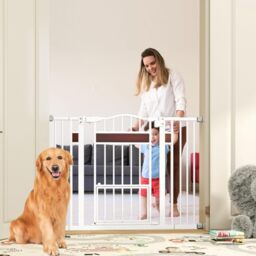 GYMAX Baby Safety Gate, 74-104 cm Adjustable Width Stair Gates with Small Door, Dual Locks and Pressure Mount System, Metal Extra Wide Walk Through Pet Gate for Kids & Pets (White)