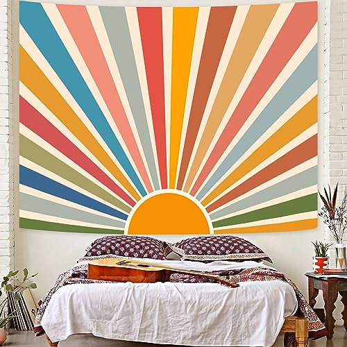 Kanuyee Boho Burning Sun Tapestry Wall Hanging, Retro 70s Abstract Vintage Geometric Rainbow Sunrise Tapestries for Bedroom Living Room Backdrop 44??60 inch