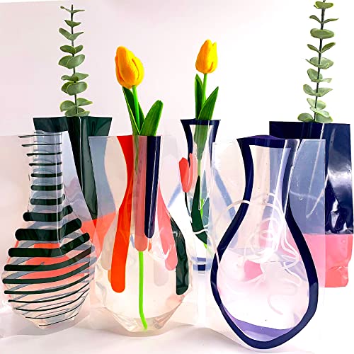 BLOFLO STU Collapsible Plastic Vase, Set of 6, Modern, Geometric, Purple, Orange, Blue, Green, White, Foldable, Expandable, Removable, Contemporary Décor for Home Office Wedding