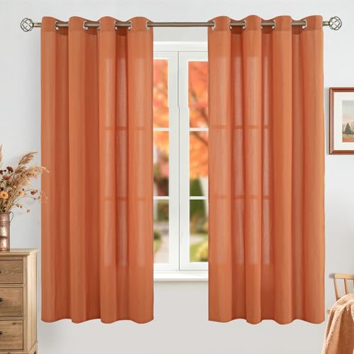 BGment Terracotta Linen Sheer Curtains 63 Inch Length 2 Panels, Grommet Semi Sheer Light Filtering Drapes Casual Windows Textured Opaque Privacy Panels for Living Room/Bedroom, 52 x 63 Inch