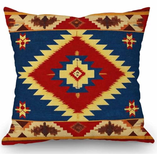 SSOIU Vintage Southwest Throw Pillow Case,Cotton Linen Cushion Cover Square Standard Home Decorative Blue Red