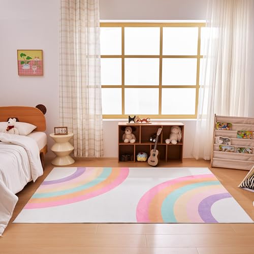 Sonive Rainbow Kids Rug Girls & Boys Soft Non-Slip Area Rug Washable Floor Carpet for Bedroom, Living Room, Playroom 120x170cm