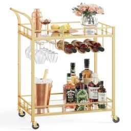 VASAGLE Drinks Trolley, Bar Cart, Serving Trolley with 2 Mirrored Shelves, Wine Holders, Glass Holders, for Home Bar, Kitchen, Dining Room, Gold LRC092A62