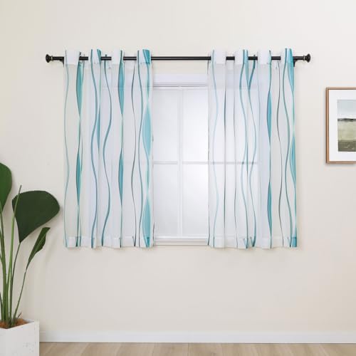 L.Z.E White and Teal Sheer Curtains 54 Inch Length for Kitchen Small Windows 2 Panels Set, Short Voile Sheer Curtains & Drapes for Dining Room, Grommet Wave Pattern Window Sheers (LZE2212E-WTL54)