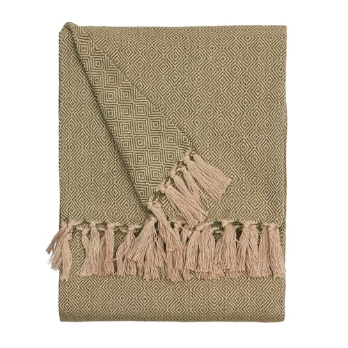 furn. Dessa Throw – Soft Indoor/Outdoor Quick Dry Woven Geometric Fringed Blanket (Olive – 130x180cm)