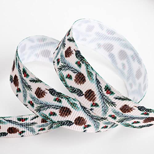 Italian Options Pine Cones and Holly Grosgrain Ribbon, Christmas Ribbon for Crafts, Gift Wrapping, Wreaths, Tree Decorations, Hair Bows, Taupe, 16 mm x 5 Metre Roll