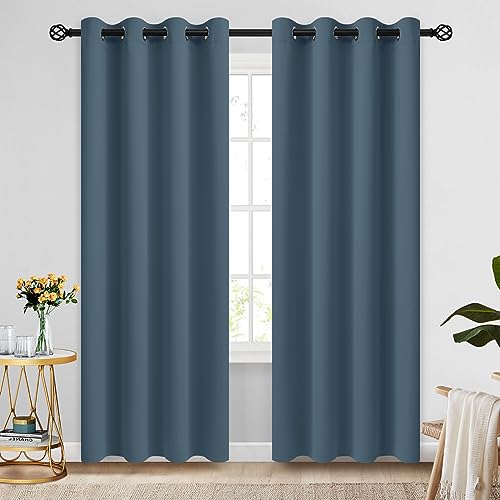 COSVIYA Grommet Blackout Room Darkening Stone Blue Curtains 90 inch Long, Thick Polyester Light Blocking Insulated Thermal Window Curtain Drapes for Bedroom/Living Room,2 Panels,52x90 inches