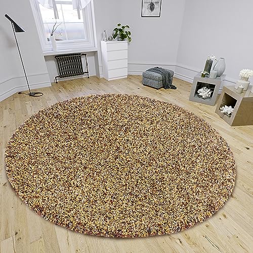 HANSE Home Shaq High Pile Round Rug - Round Living Room Rug, Long Pile Shaggy Modern Pattern, Fluffy Soft for Living Room, Bedroom, Teenager's Room - Cream Ochre Brown, 160 cm
