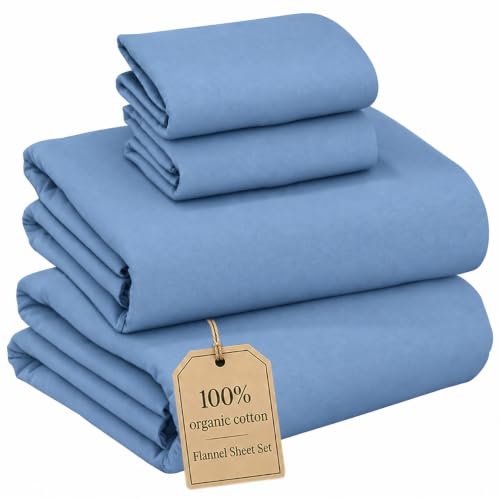 Ruvanti Flannel Sheets Queen Size - GOTS Certified 100% Organic Cotton, 4 Piece Warm, Soft & Breathable Set, Deep Pocket Snug Fit, Double Brushed Cozy All Season Bedding, Denim Blue