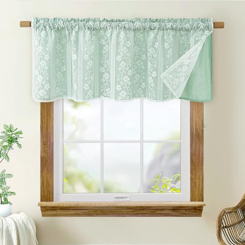 ASPMIZ Linen Farmhouse Kitchen Curtains, Double Layered Valances for Windows with Linen and Lace, Rustic Curtains for Bathroom Window, Kitchen, Cafe Curtain 18 Inch Length Rod Pocket, 52 x 18, Teal