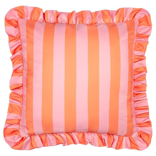 furn. Palm Royale Stripe Cushion Cover – Water Resistant Bold Striped Ruffle Trim Outdoor Decorative Case (Pink/Orange – 50x50cm)