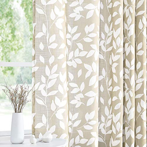 "Treatmentex Print Semi Sheer Leaf Curtains for Living Room 52"" x 54"" White and Taupe Curtain Panels for Windows, 2 Pack, Taupe, Grommet Top"