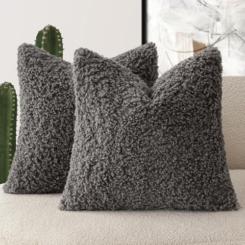 Foindtower - Set of 2 Faux Fur Throw Pillow Covers 55 x 55 cm Soft Fluffy Sherpa Sheepskin Cushion Covers Decorative for Bed Sofa Living Room Dark Grey