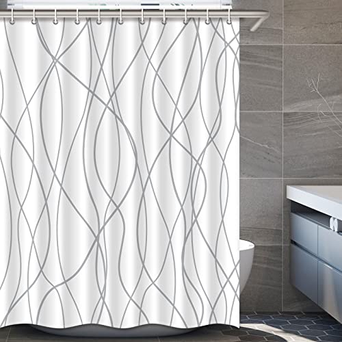 Punkray Grey and White Striped Fabric Shower Curtain for Bathroom with 12 Hooks, Shower Curtains for Bathroom, Weighted Hem,Waterproof Bath Accessories Hotel Style - Machine Washable