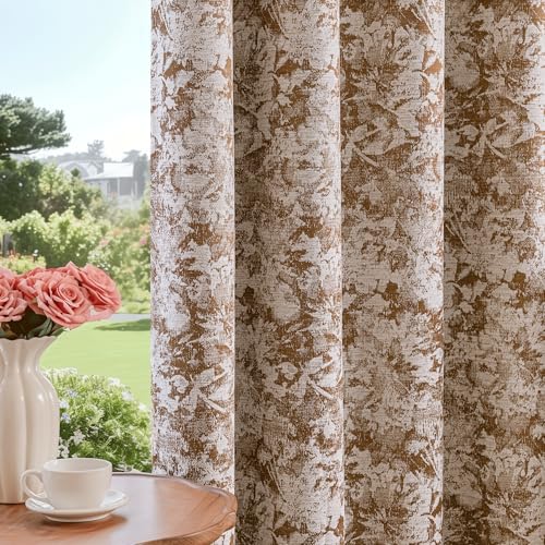 Beauoop Brown Floral Jacquard Blackout Curtains for Bedroom 52x96 2 Panels - Flower Chenille Room Darkening Drapes for Living Room 96 Inch Long Thermal Insulated Soundproof Window treatment Grommet