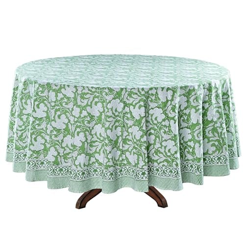 Ridhi Round Tablecloth Hand Block Print 100% Cotton Reusable Sage Green 90 Inch Table Cover Decorative Everyday Use for Dining, Home, Party, Wedding, Farmhouse, Party Gift for Spring, Mother's Day