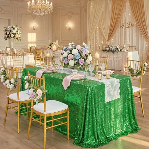 QueenDream 60x102 Inches Green Table Clothes for Parties Birthday Wedding Sequin Tablecloth Cake Table Holiday Banquet Decoration