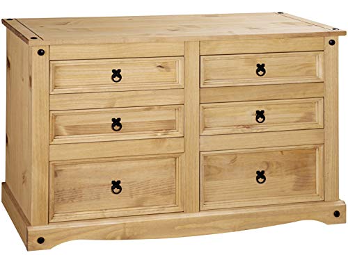 Mews Corona 6 Drawer Chest, Solid Mexican Pine, Wide Chest of Drawers, Cabinet Sideboard for Bedroom