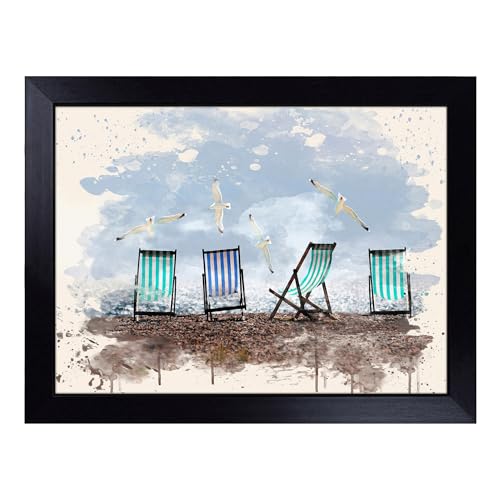 Lap Tray with Bean Bag Cushion, Seascape Deckchairs Brighton Beach Seagulls - Handmade in the UK, Raised Wooden Edge, Padded Cushion, Heat-Resistant Wipe-Clean Surface, for Meals, Laptops and Crafts