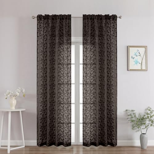 "Chyhomenyc Chocolate Sheer Curtains 90 Inch Length 2 Panels Set, Light Filtering Tufted Textured Soft Airy Rod Pocket Gentle Leaf Window Treatment Drapes for Bedroom Living Room, 42"" Wx90 L, 2PCS"