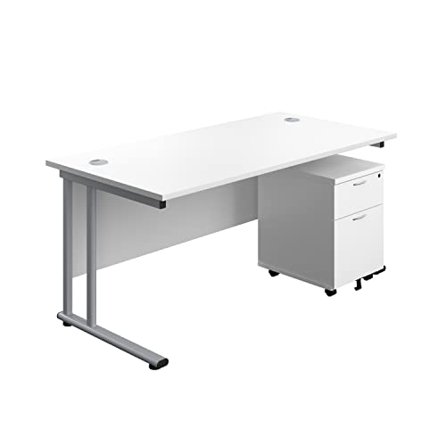 Office Hippo Professional Cantilever Office Desk With 2 Drawer Mobile Pedestal, Wood, White, Silver Frame, 180 x 80 x 73 cm