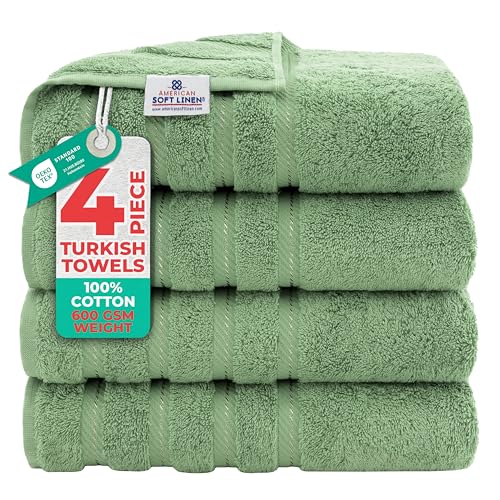 American Soft Linen, 4 Piece Bath Towel Set, 100% Turkish Cotton 27 in 54 in Bath Towels for Bathroom, Soft Absorbent Bath Towels Extra Large, Hotel Quality Quick Dry Shower Towels, Sage Green