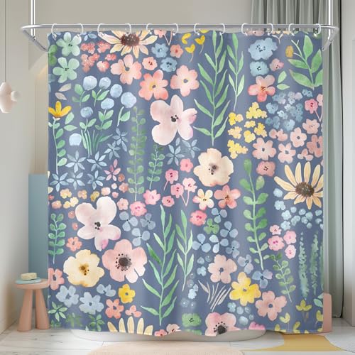 "Blue Floral Cute Colorful Kids Girly Spring Art Bathroom Shower Curtain Set - 72""W x 72""H Botanical Plants waterproof HD print, quick-dry fabric with 12 hooks for easy hanging."