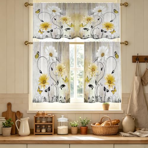 AAtte Yellow Floral Kitchen Curtains Valance and Tiers Set 3 Piece Rustic Flowers White Daisy Butterfly Rod Pocket Small Short Living Room Bedroom Bathroom Window Curtains 52x18 inch + 26x36 inch*2